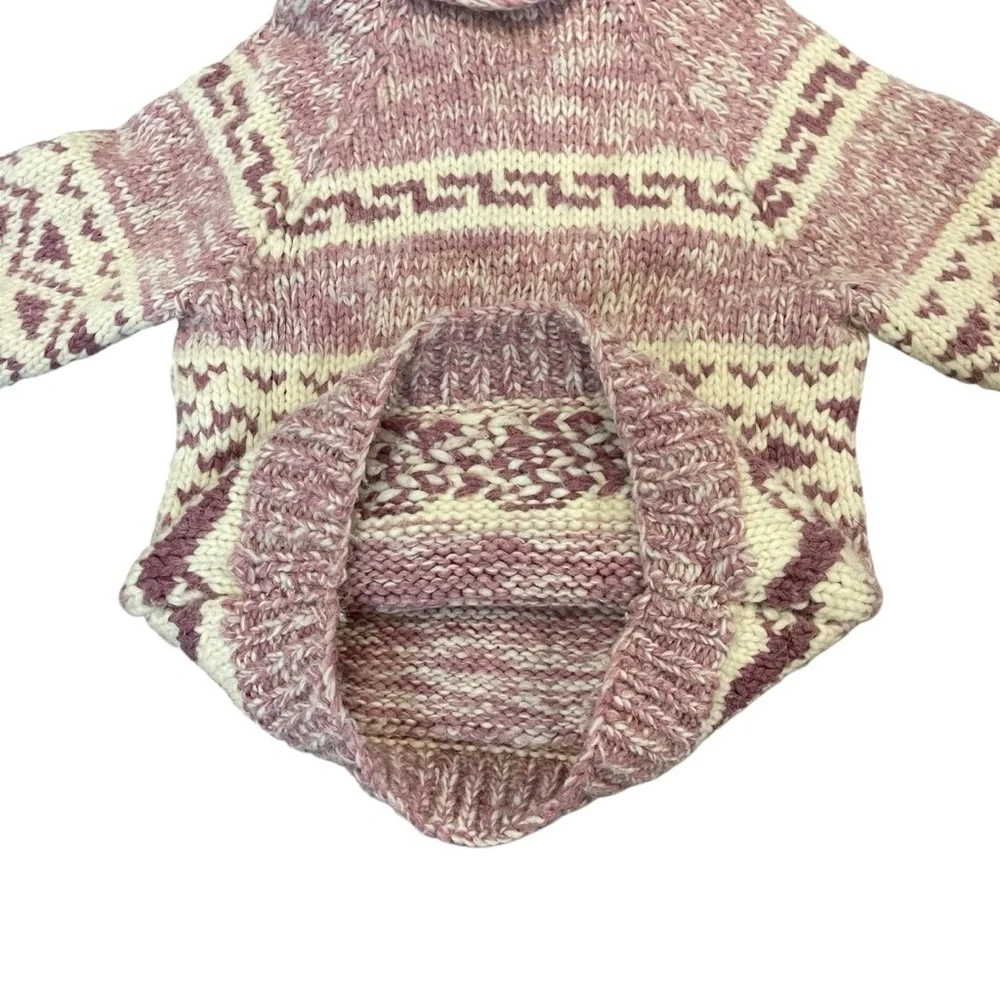 Vintage Cowichan Burgundy Cream Cowl Neck 1/4 Zip Handmade Sweater Kangaroo Pckt - Picture 8 of 12